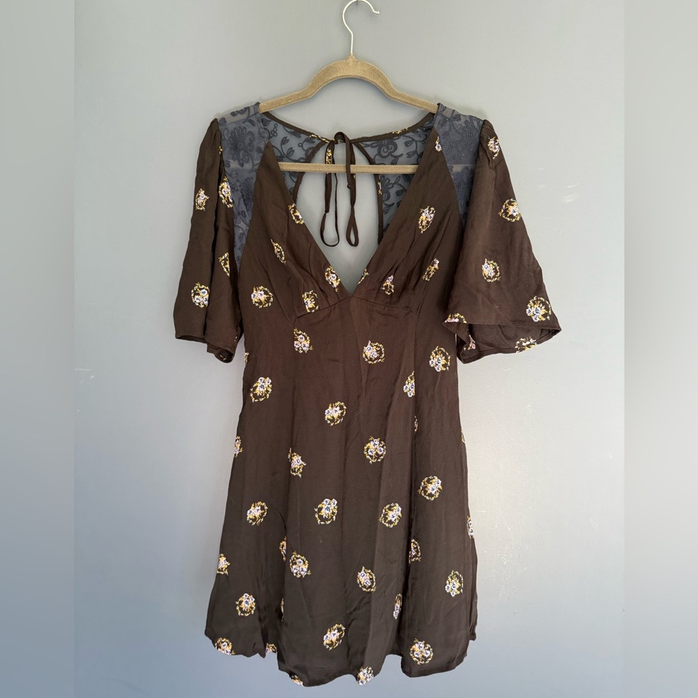 Free People Brown and Cream Ruffled Tie Front Sundress